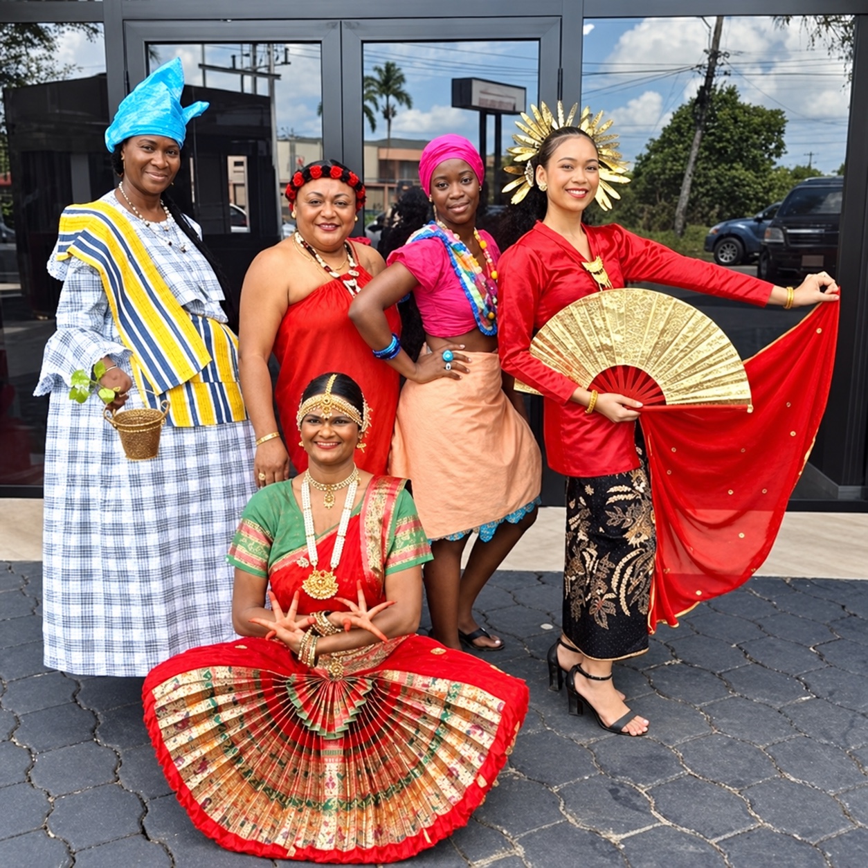 Grupo con vestimenta de celebración de distintas culturas surinamesas