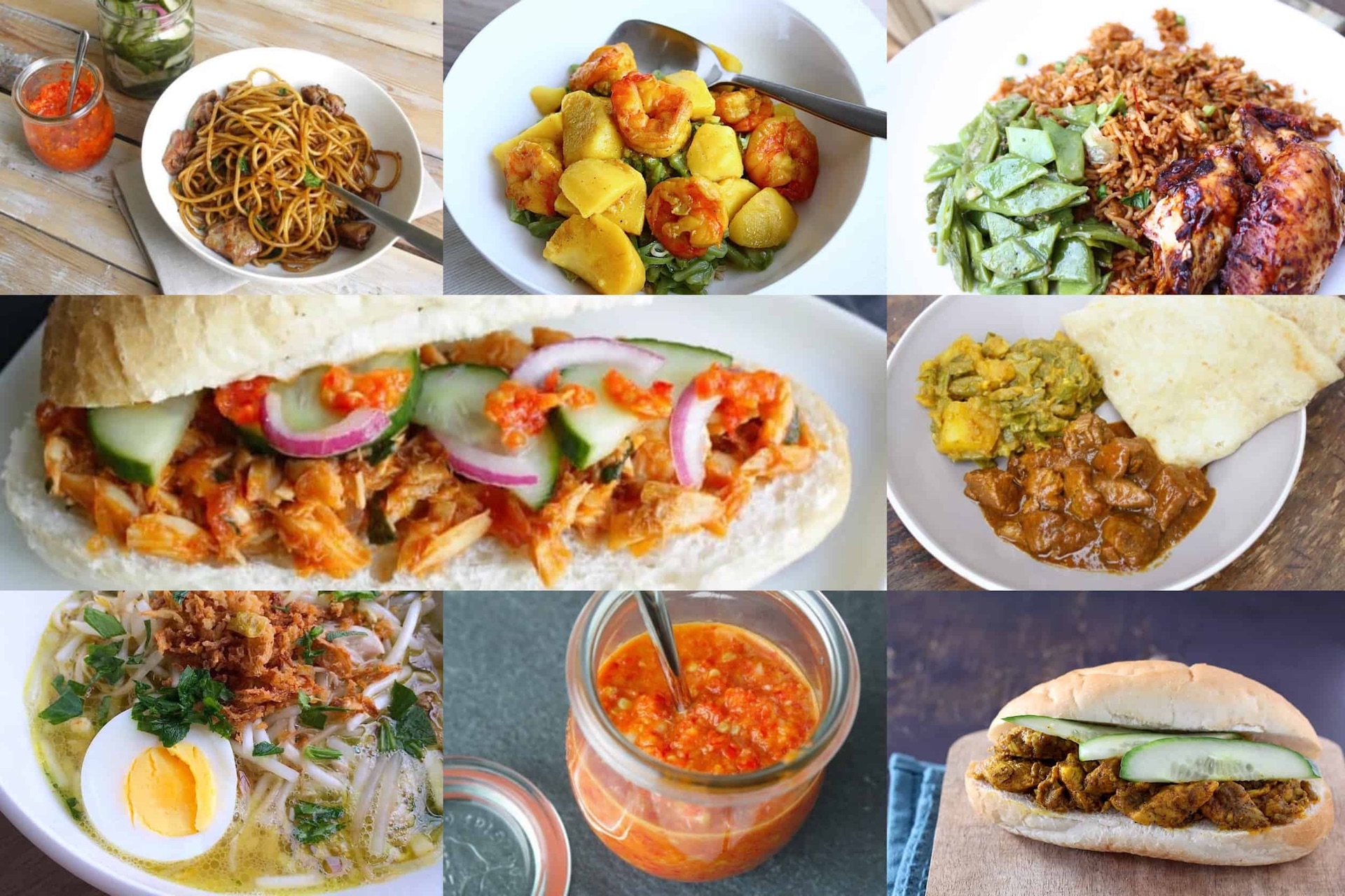 Collage de platos surinameses con bami, nasi, roti, saoto y bocadillos