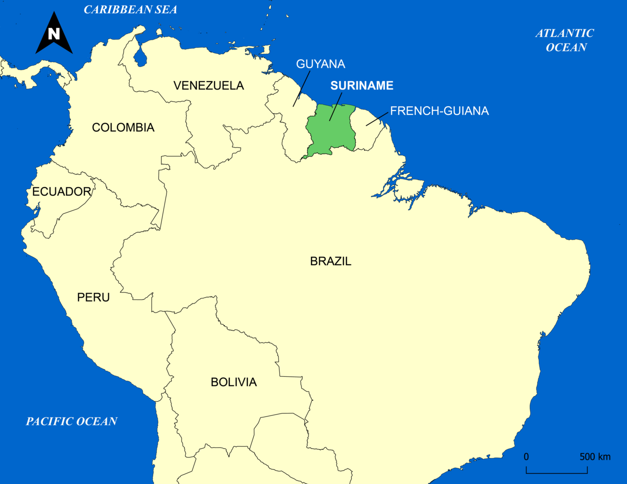 Mapa que muestra Suriname en la costa norte de Sudamérica